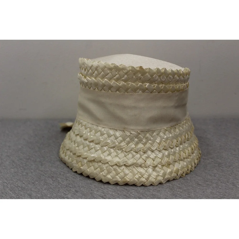 Vintage Hat Womens Cream Woven Straw Pillbox Grosgrain Ribbon Bow Union Made